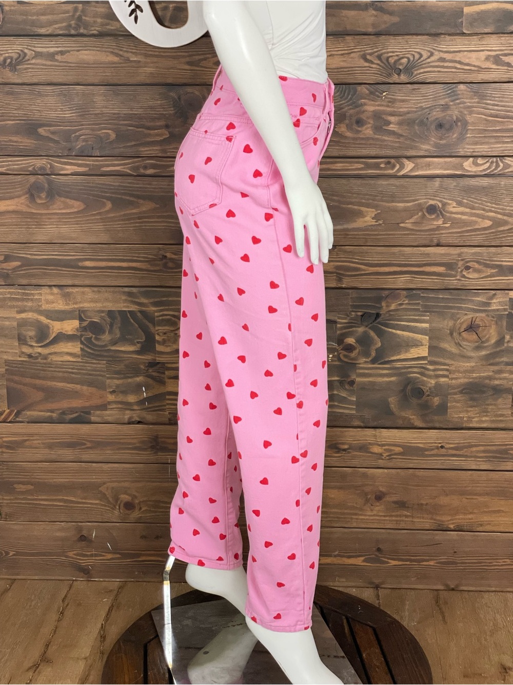 SHEIN | High Waist Straight Denim Jeans Pink Red Heart Print - Picture 5 of 10